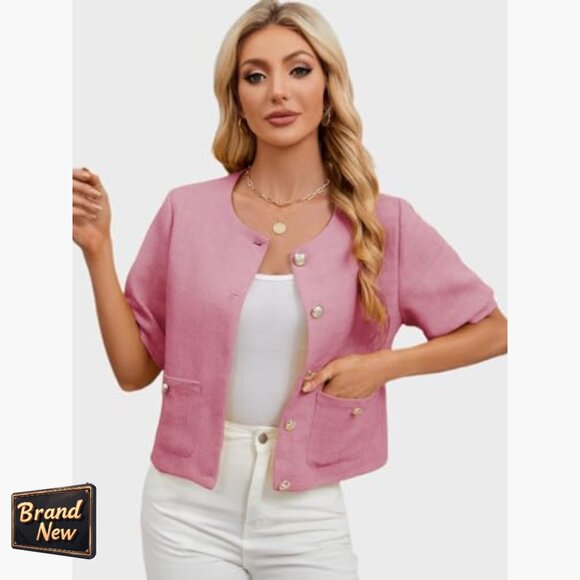 Cropped Tweed Blazer with Puff Sleeves for Office Work Slim Fit - Picture 5 of 7